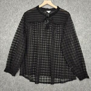 Cato Blouse Womens 18/20W Black Sheer Houndstooth Ruffle Neck Tunic Long Sleeve